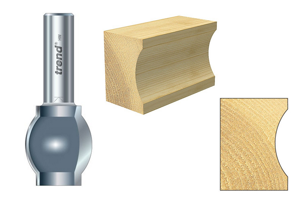 A sunk bead jointer router cutter and the shape it creates on a piece of wood