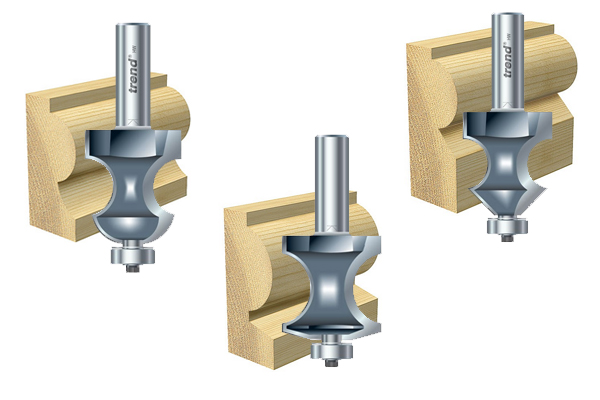 Torus moulding router cutters and examples of the shape they can create on a wooden edge
