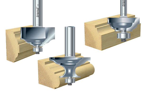 Classic and decorative edge moulding router cutters and an example of the shape they can create on a wooden edge