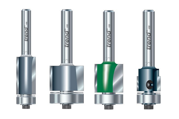 A selection of trimming and profiling router cutters with the bearing guide located on the bottom of the bit