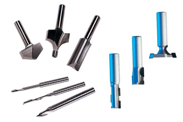 Examples of different types of router bits, used for different applications depending on their shape 