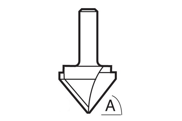 Diagram showing how to measure the angle of the cutting edge on a V-groove router cutter