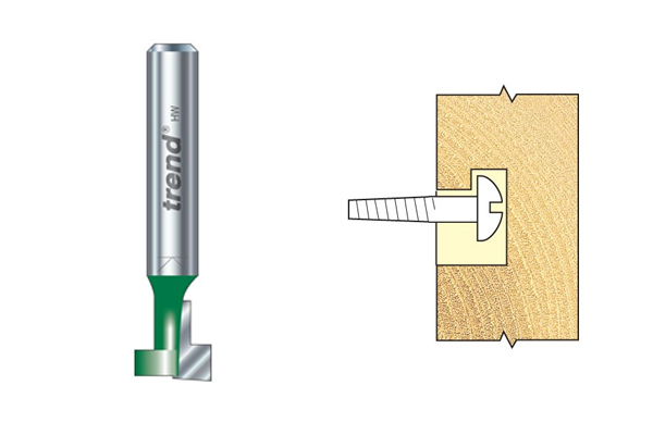 An example of a keyhole slotter router cutter, the shape of slot it creates, and the way that it can be used for hanging pictures on screws