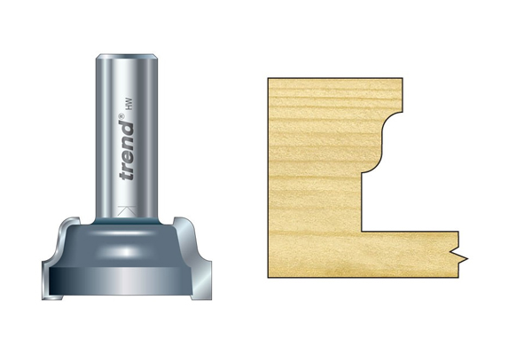 An example of a lamb's tongue scriber router cutter and the shape of recess it makes