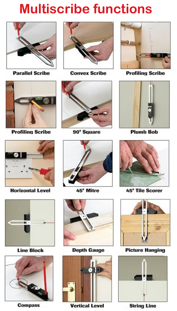 Multiscribe tool functions - Trend UK multi functioning measuring and marking tool for trade and DIY