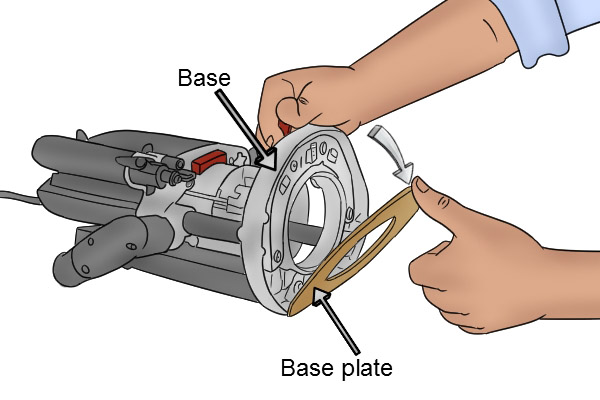 Base, bottom of router, attached to base plate, usually made of metal. 